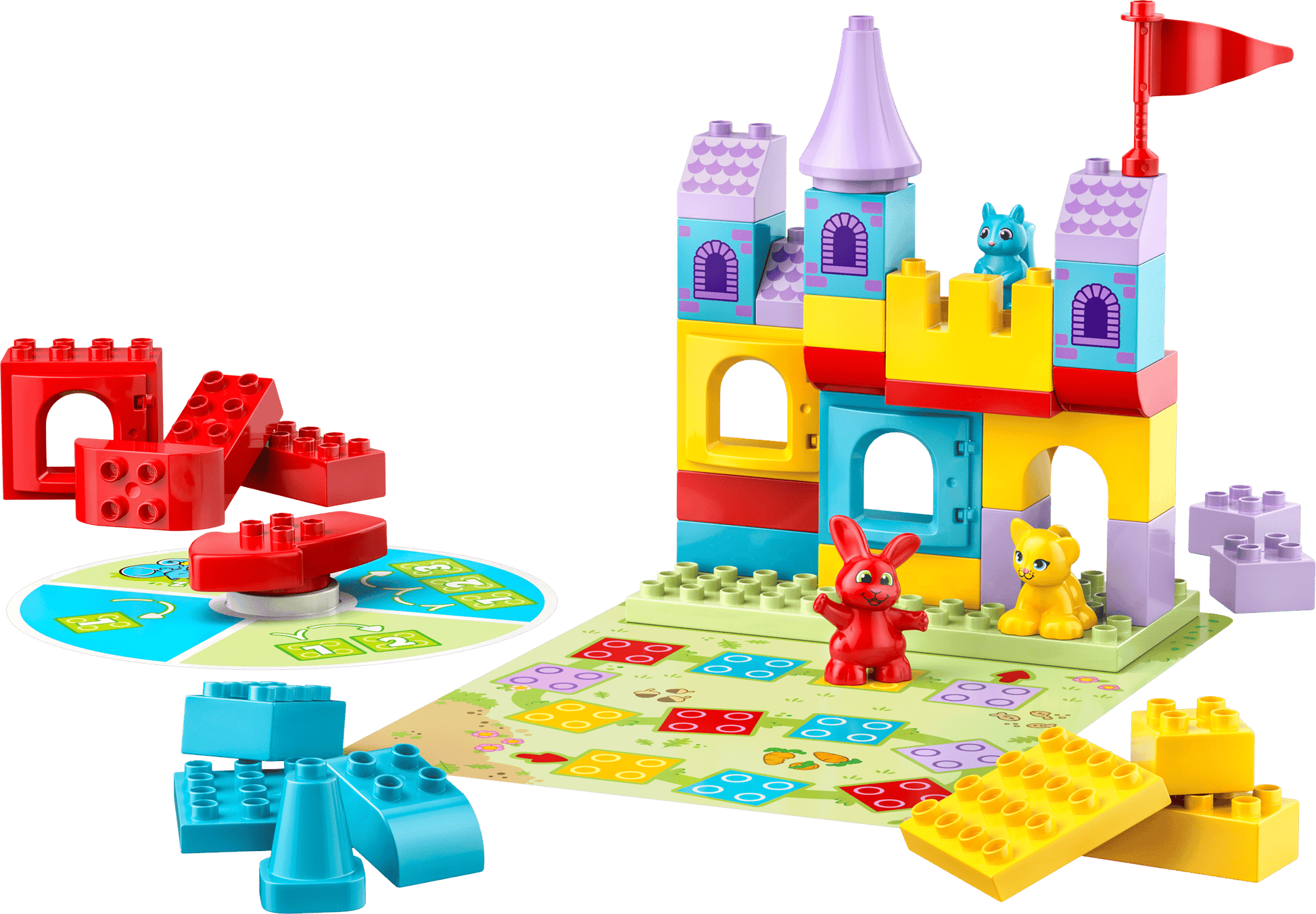 LEGO® DUPLO® Hopsy's Castle Game by Legos - Toyhouse features colorful blocks, animal figures, a green spinner, play mat, plus extra red and blue pieces—an educational and engaging toy for young builders on a white background.