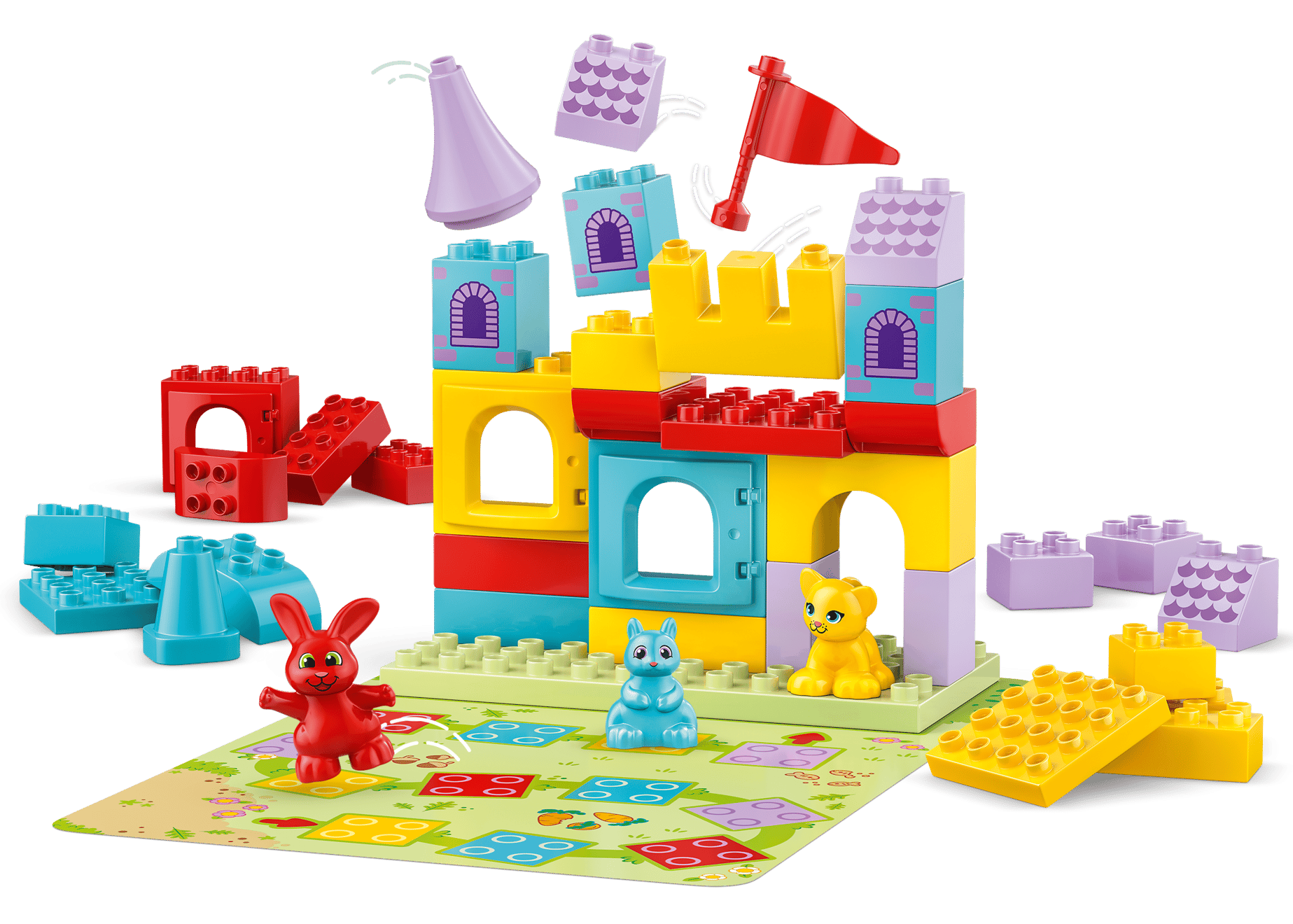 LEGO® DUPLO® Hopsy's Castle Game by Legos - Toyhouse features colorful building blocks to create a small castle with a red flag, three animal toy figures on a playmat, and extra scattered blocks for imaginative play.