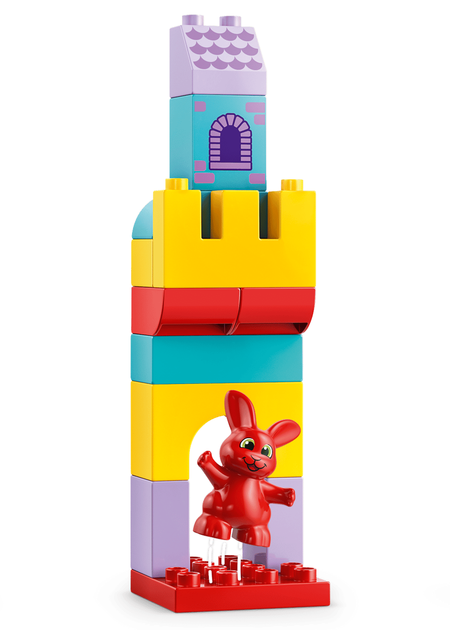 The LEGO® DUPLO® Hopsy's Castle Game by Legos - Toyhouse features a vibrant block tower with a window and a red rabbit figurine, making it an ideal educational toy for imaginative play.