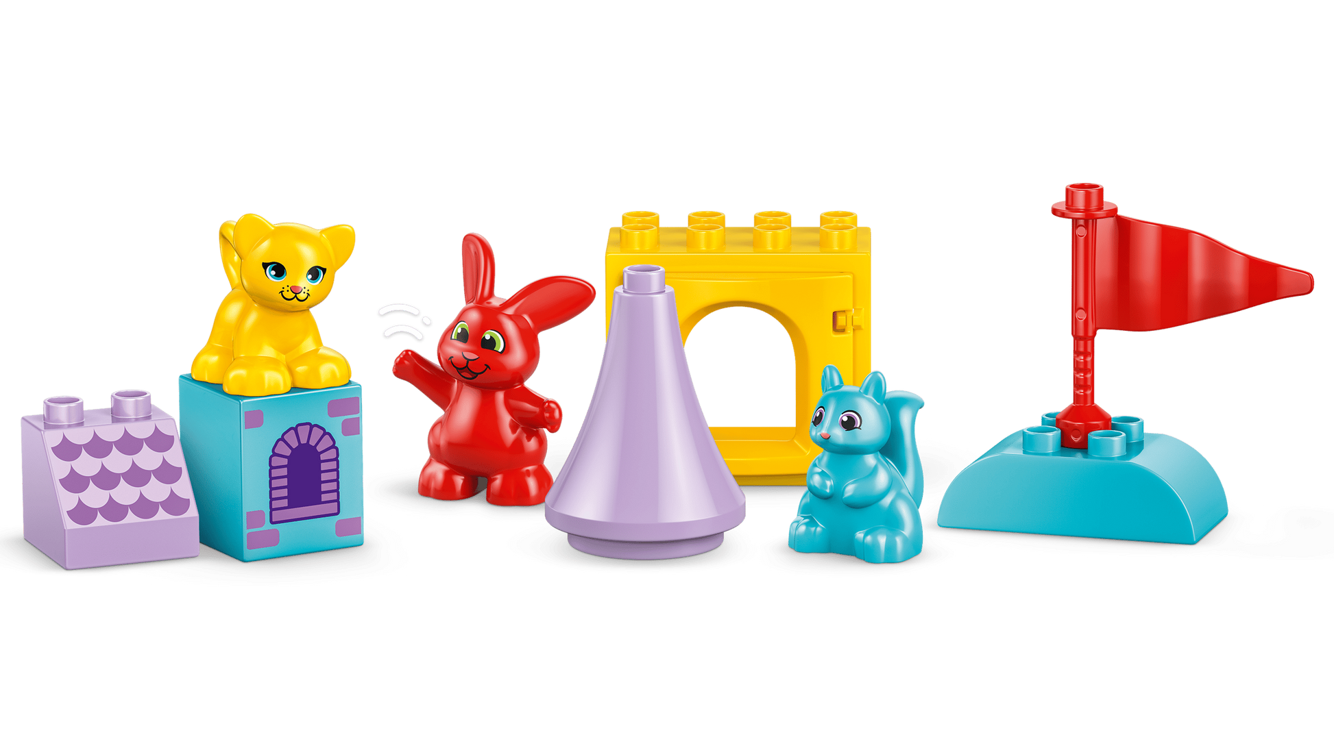 The LEGO® DUPLO® Hopsy's Castle Game by Legos - Toyhouse features colorful blocks and animal figures, including a yellow cat, red bunny, blue squirrel, and a red flag, creating an engaging toy scene on a white background.