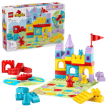 The LEGO® DUPLO® Hopsy's Castle Game by Legos - Toyhouse includes colorful castle blocks, animal figures, a game spinner, and board for a fun and educational play experience. Perfect for ages 3+. Product box is pictured in the background.