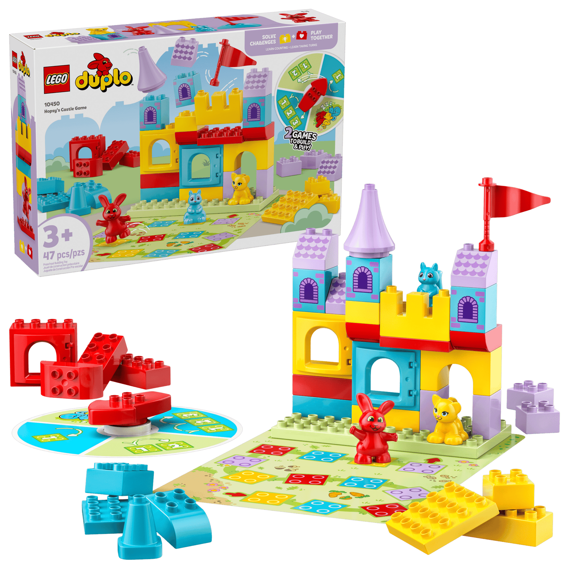 The LEGO® DUPLO® Hopsy's Castle Game by Legos - Toyhouse includes colorful castle blocks, animal figures, a game spinner, and board for a fun and educational play experience. Perfect for ages 3+. Product box is pictured in the background.