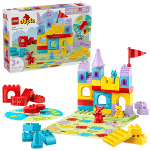 The LEGO® DUPLO® Hopsy's Castle Game by Legos - Toyhouse includes colorful castle blocks, animal figures, a game spinner, and board for a fun and educational play experience. Perfect for ages 3+. Product box is pictured in the background.