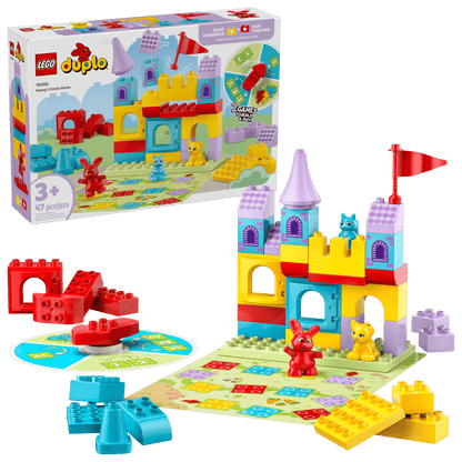 The LEGO® DUPLO® Hopsy's Castle Game by Legos - Toyhouse includes colorful castle blocks, animal figures, a game spinner, and board for a fun and educational play experience. Perfect for ages 3+. Product box is pictured in the background.