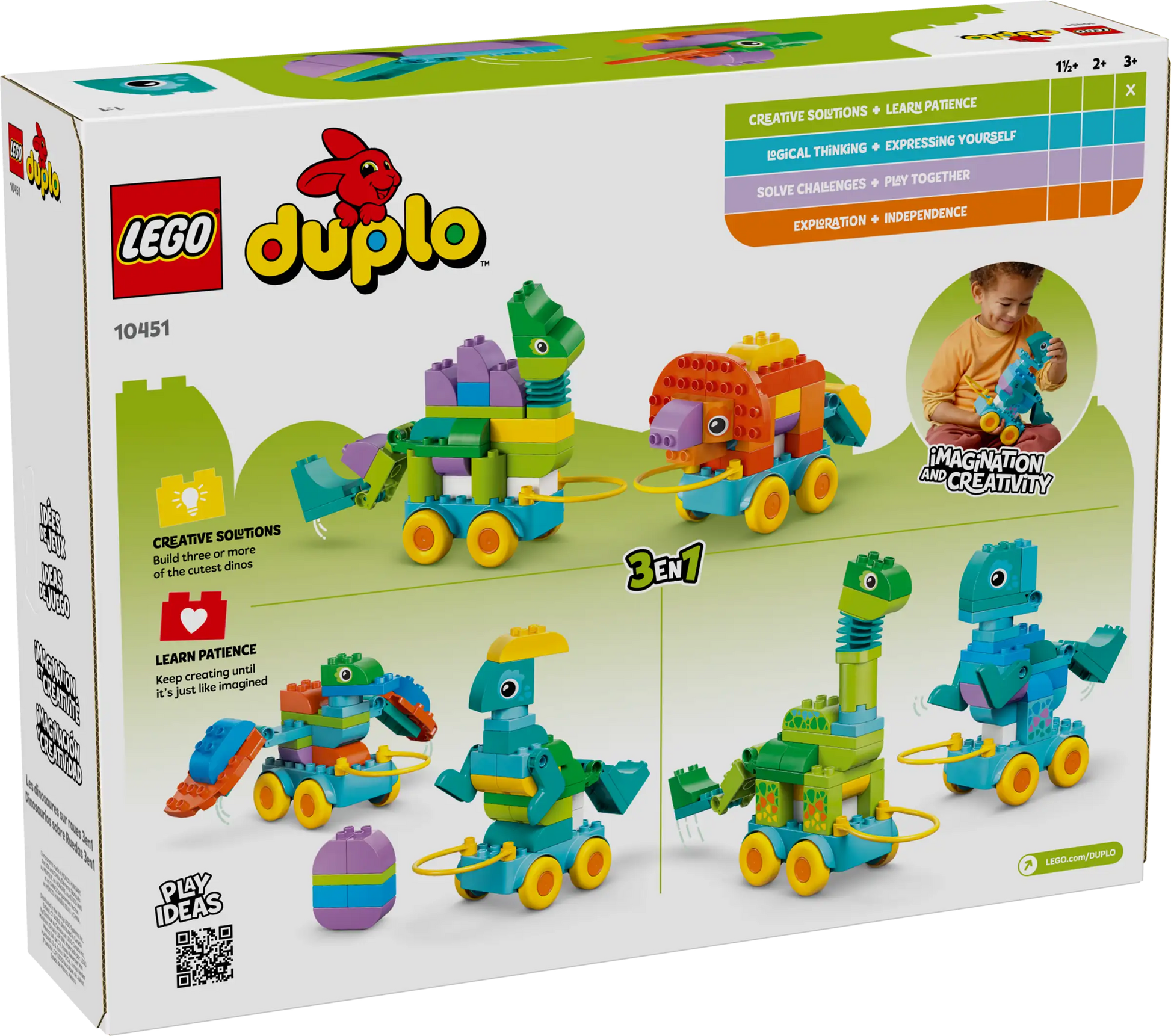 Back of a LEGO® DUPLO® 3in1 Dinosaurs on Wheels box from Legos - Toyhouse, featuring colorful dinosaur toys on wheels, a child at play, and key features highlighted in colored boxes.