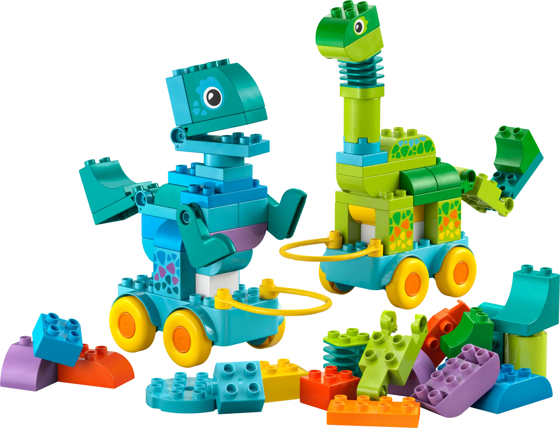 The LEGO® DUPLO® 3in1 Dinosaurs on Wheels by Legos - Toyhouse features two colorful dinosaur toys on wheels, plus extra bricks—an ideal building set for toddlers’ creative play.