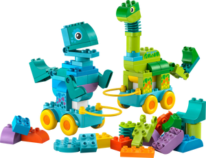 The LEGO® DUPLO® 3in1 Dinosaurs on Wheels by Legos - Toyhouse features two colorful dinosaur toys on wheels, plus extra bricks—an ideal building set for toddlers’ creative play.