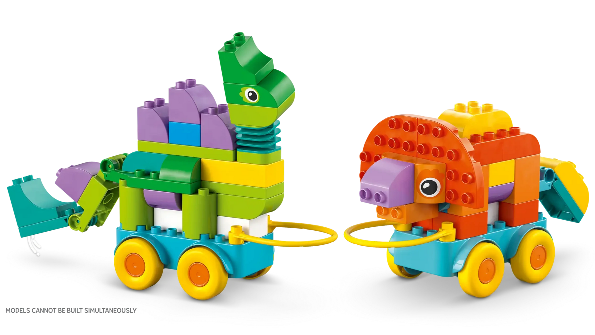 The LEGO® DUPLO® 3in1 Dinosaurs on Wheels by Legos - Toyhouse features two colorful, wheeled toy animals—a dinosaur and a lion—connected by yellow loops for fun toddler building and play.