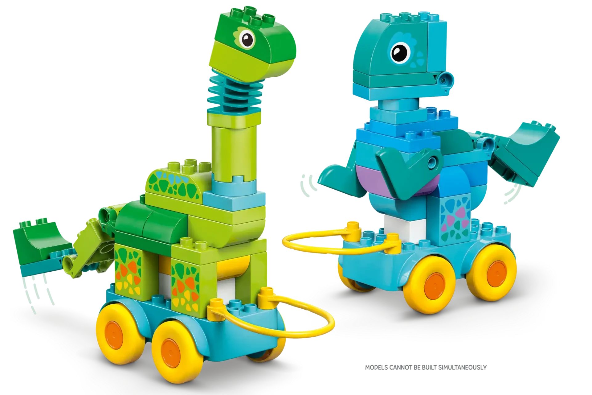 The LEGO® DUPLO® 3in1 Dinosaurs on Wheels by Legos - Toyhouse features two vibrant dinosaur toys with wheels and string handles—a fun, imaginative building set for toddlers, made from interlocking plastic bricks.