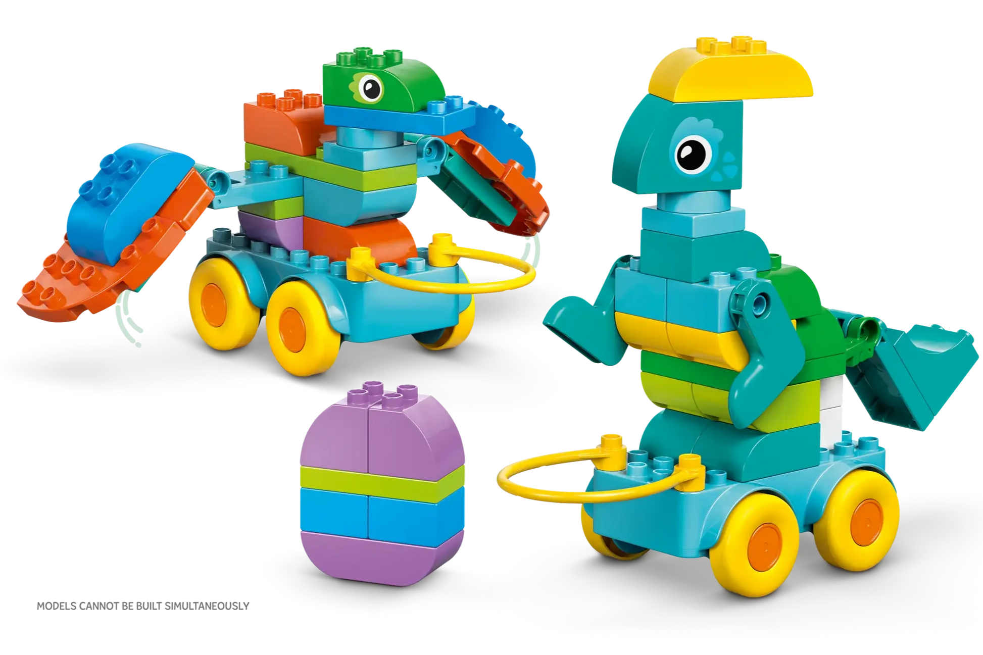 The Legos - Toyhouse LEGO® DUPLO® 3in1 Dinosaurs on Wheels set includes large interlocking bricks to build two colorful toy dinosaurs with wheels, a ring, and an egg shape. Only one dinosaur can be built at a time.