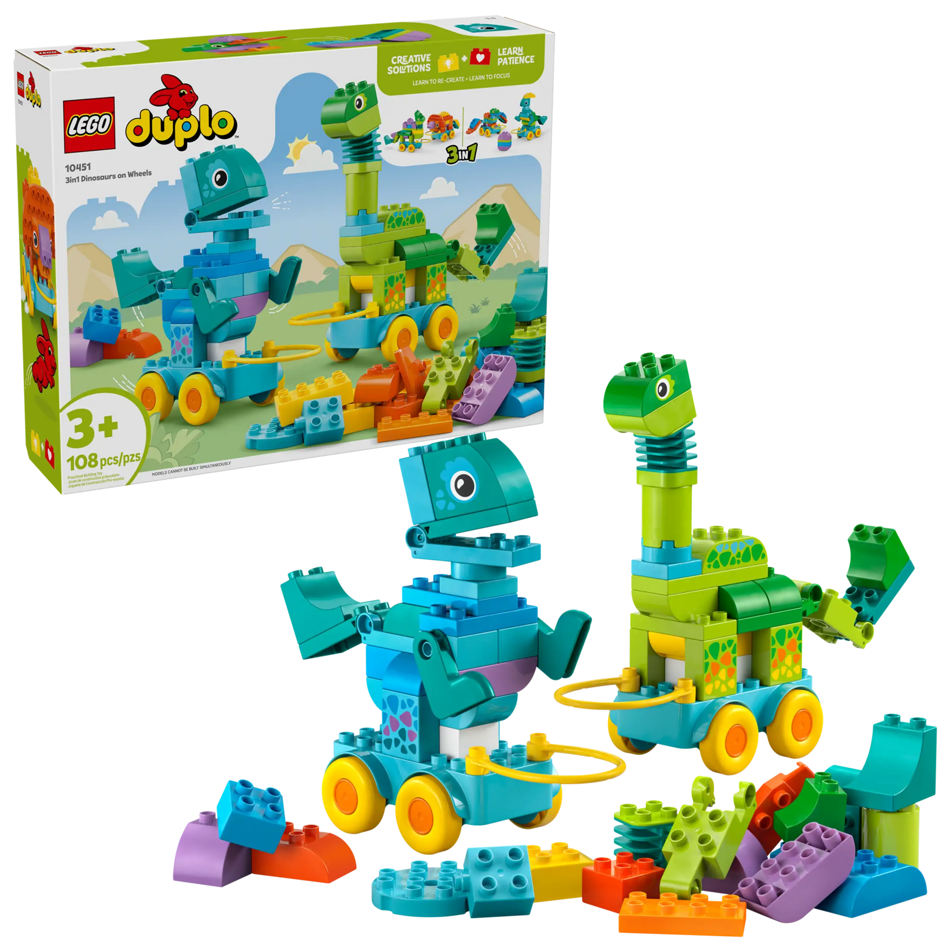 The LEGO® DUPLO® 3in1 Dinosaurs on Wheels by Legos - Toyhouse lets toddlers build two rolling dinos with colorful blocks, a storage box, and loose pieces for endless creative play.