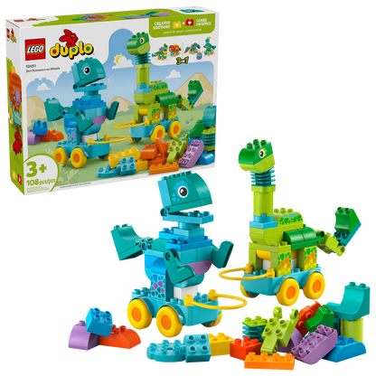 The LEGO® DUPLO® 3in1 Dinosaurs on Wheels by Legos - Toyhouse lets toddlers build two rolling dinos with colorful blocks, a storage box, and loose pieces for endless creative play.