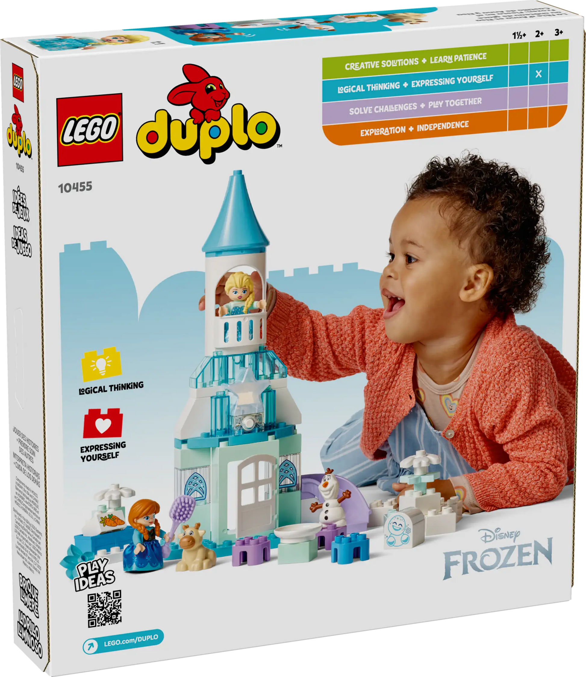 A young child plays with the LEGO® DUPLO® Anna and Elsa's Frozen Castle Party by Legos - Toyhouse, a vibrant toddler castle playset displayed on a colorful product box.