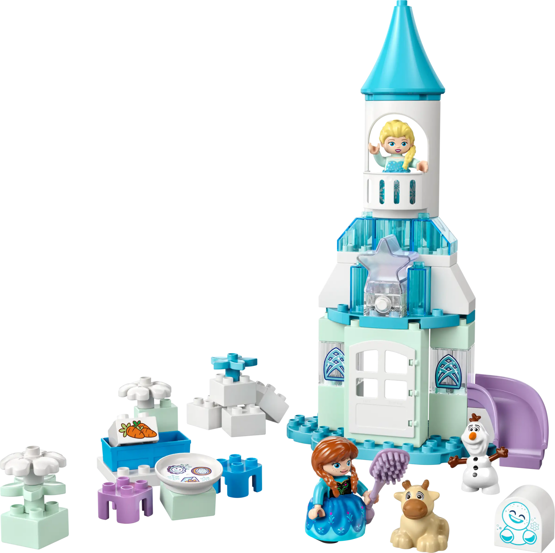 Legos - Toyhouse LEGO® DUPLO® Anna and Elsa's Frozen Castle Party is a magical playset with a blue and white tower, Anna, Elsa, Olaf, Sven figures, and pastel accessories—a fun construction toy for little builders.