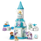 The LEGO® DUPLO® Anna and Elsa's Frozen Castle Party by Legos - Toyhouse features a blue and white tower, figures of Anna, Elsa, Olaf the snowman, a dog, and accessories—ideal for imaginative learning play.