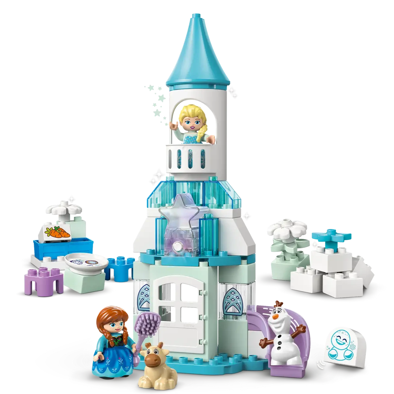 The LEGO® DUPLO® Anna and Elsa's Frozen Castle Party by Legos - Toyhouse features a blue and white tower, figures of Anna, Elsa, Olaf the snowman, a dog, and accessories—ideal for imaginative learning play.