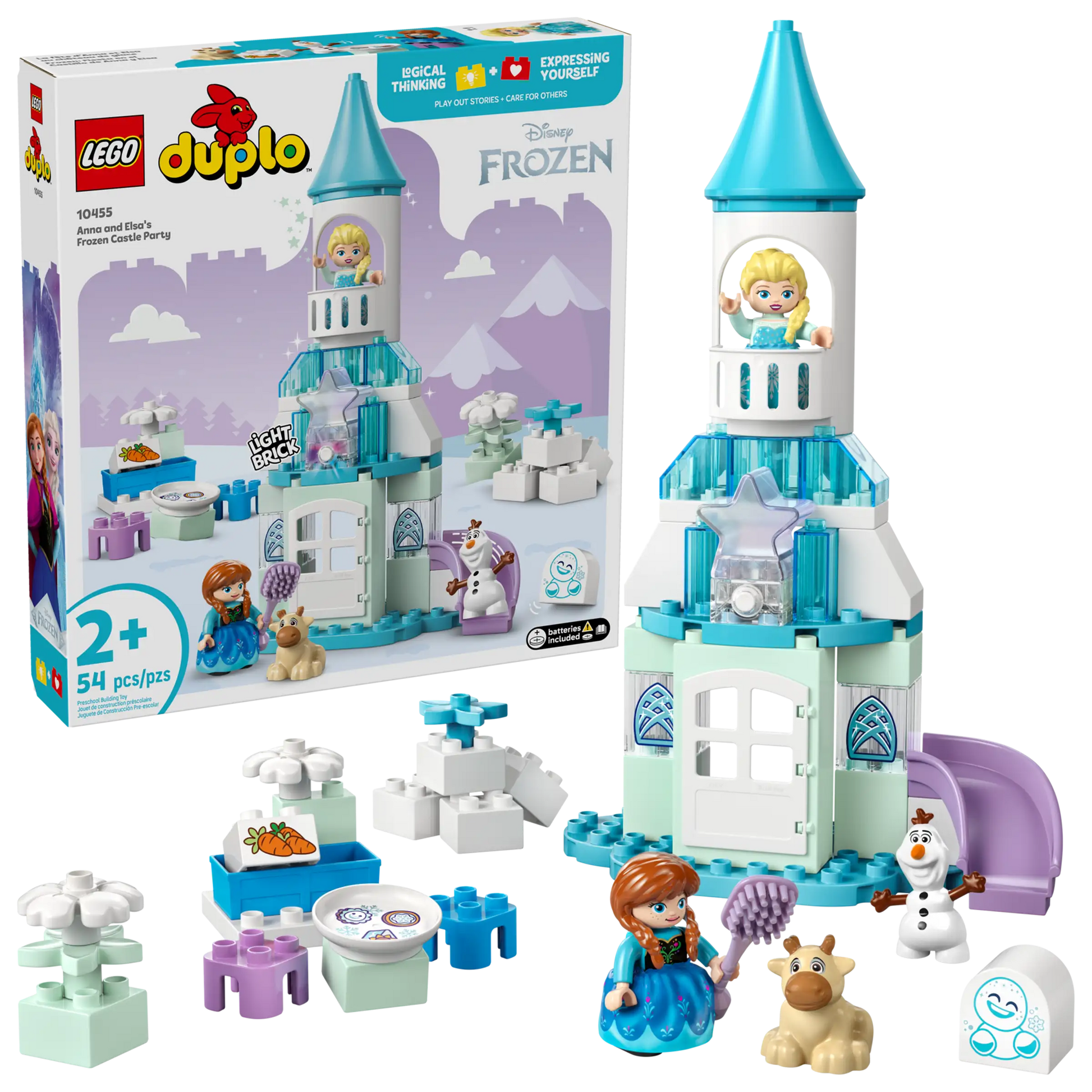 LEGO® DUPLO® Anna and Elsa's Frozen Castle Party by Legos - Toyhouse is a 54-piece toddler playset for ages 2+, featuring Elsa, Anna, Olaf, and fun accessories to inspire imaginative building and magical adventures.