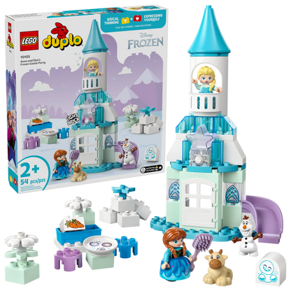 LEGO® DUPLO® Anna and Elsa's Frozen Castle Party by Legos - Toyhouse is a 54-piece toddler playset for ages 2+, featuring Elsa, Anna, Olaf, and fun accessories to inspire imaginative building and magical adventures.