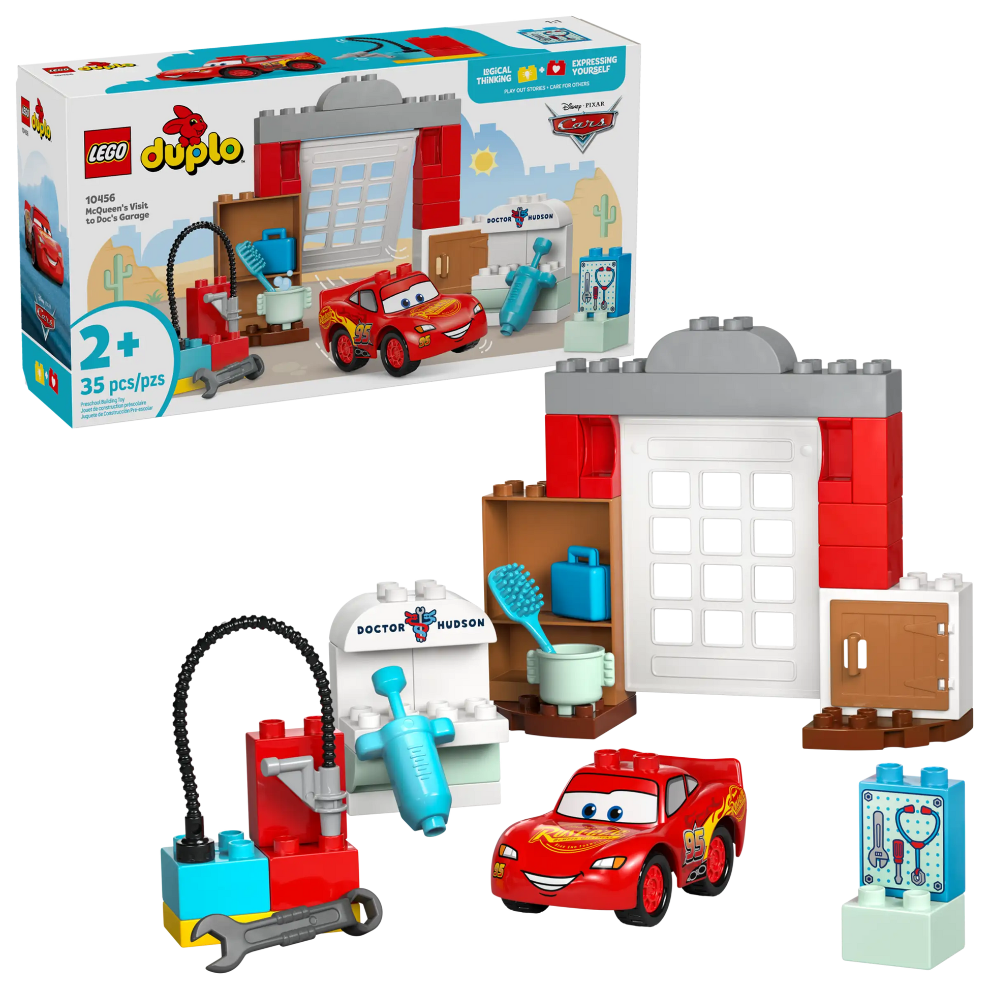 The Legos - Toyhouse LEGO® DUPLO® McQueen's Visit to Doc's Garage playset features Lightning McQueen, a brick-built garage, tools, and accessories, with box included; ideal for ages 2+.