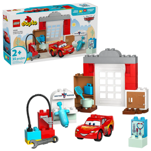 The Legos - Toyhouse LEGO® DUPLO® McQueen's Visit to Doc's Garage playset features Lightning McQueen, a brick-built garage, tools, and accessories, with box included; ideal for ages 2+.
