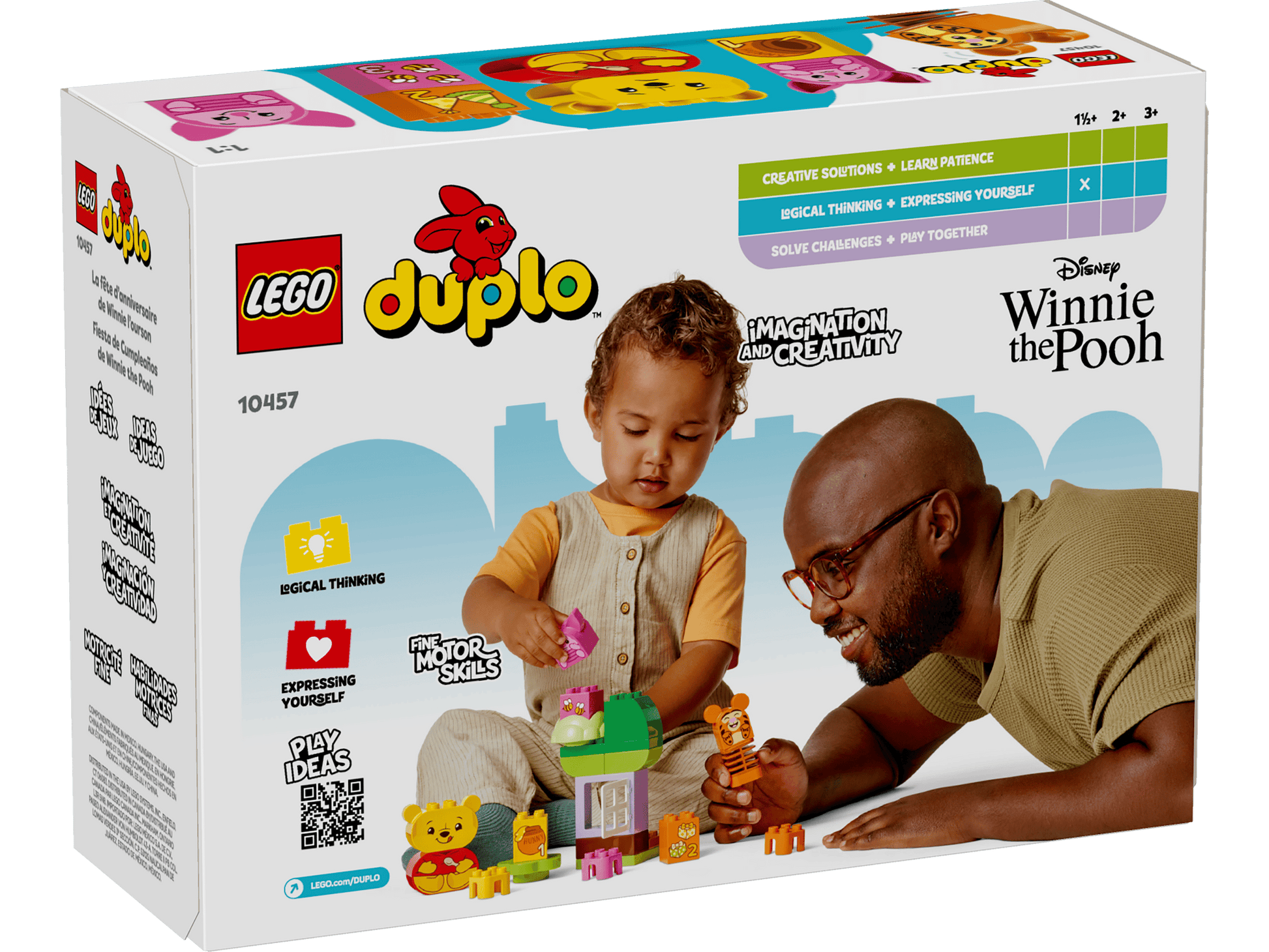 A young child and an adult enjoy building with the LEGO® DUPLO® Disney™ Winnie the Pooh's Birthday Party set by Legos - Toyhouse; the box shows blocks, character figures, and product details for this educational toy.