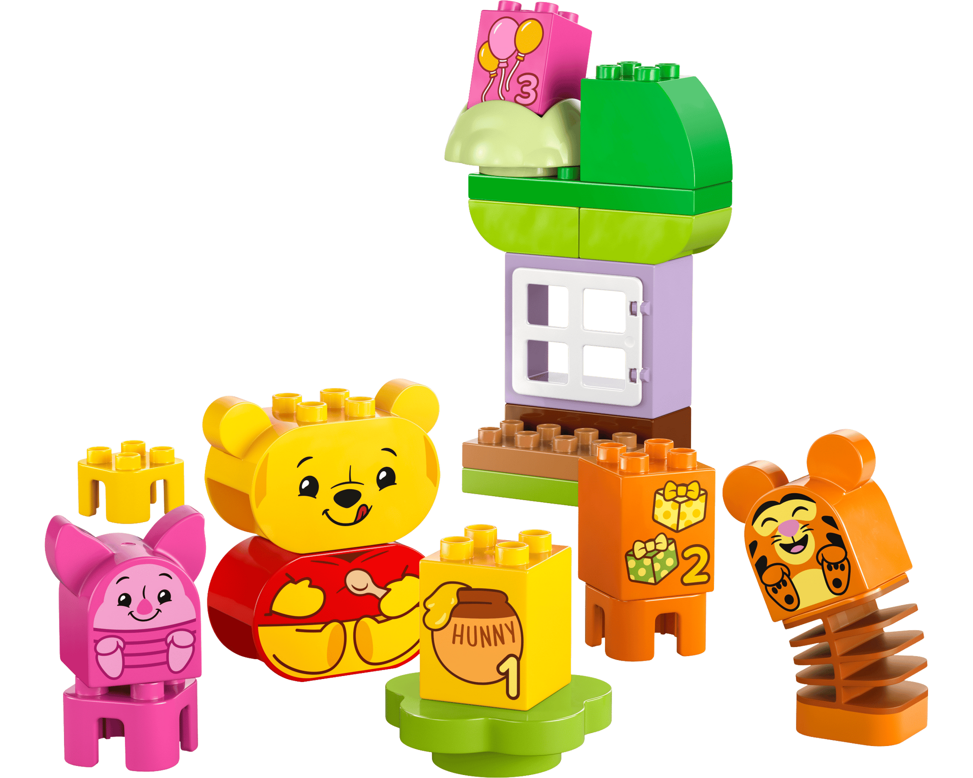 The LEGO® DUPLO® Disney™ Winnie the Pooh's Birthday Party by Legos - Toyhouse features Piglet, Tigger, numbered blocks, a green and purple house, and a “hunny” pot block—perfect for imaginative and educational play.