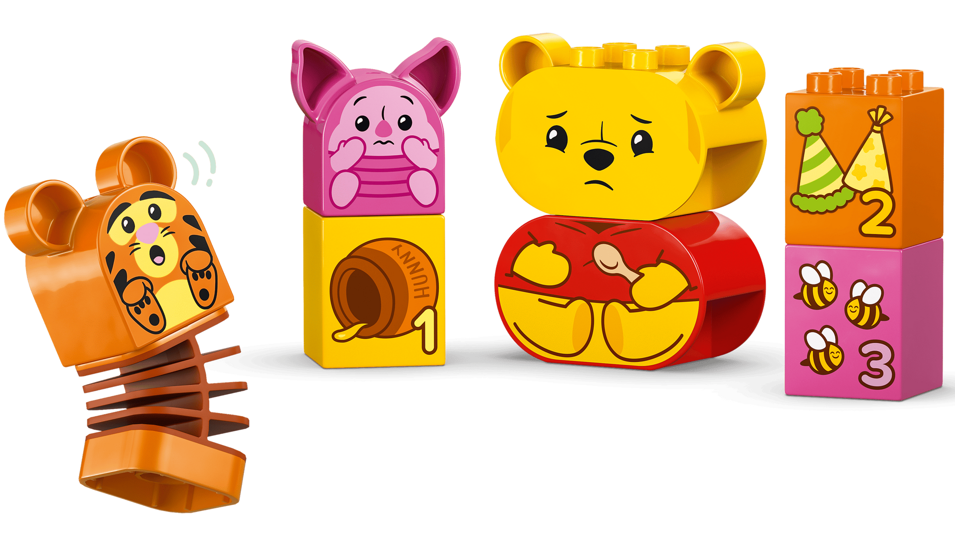 The LEGO® DUPLO® Disney™ Winnie the Pooh's Birthday Party by Legos - Toyhouse features Pooh, Piglet, Tigger on a spring, numbered blocks, party hats, a honey pot, and bees for fun and educational building play.