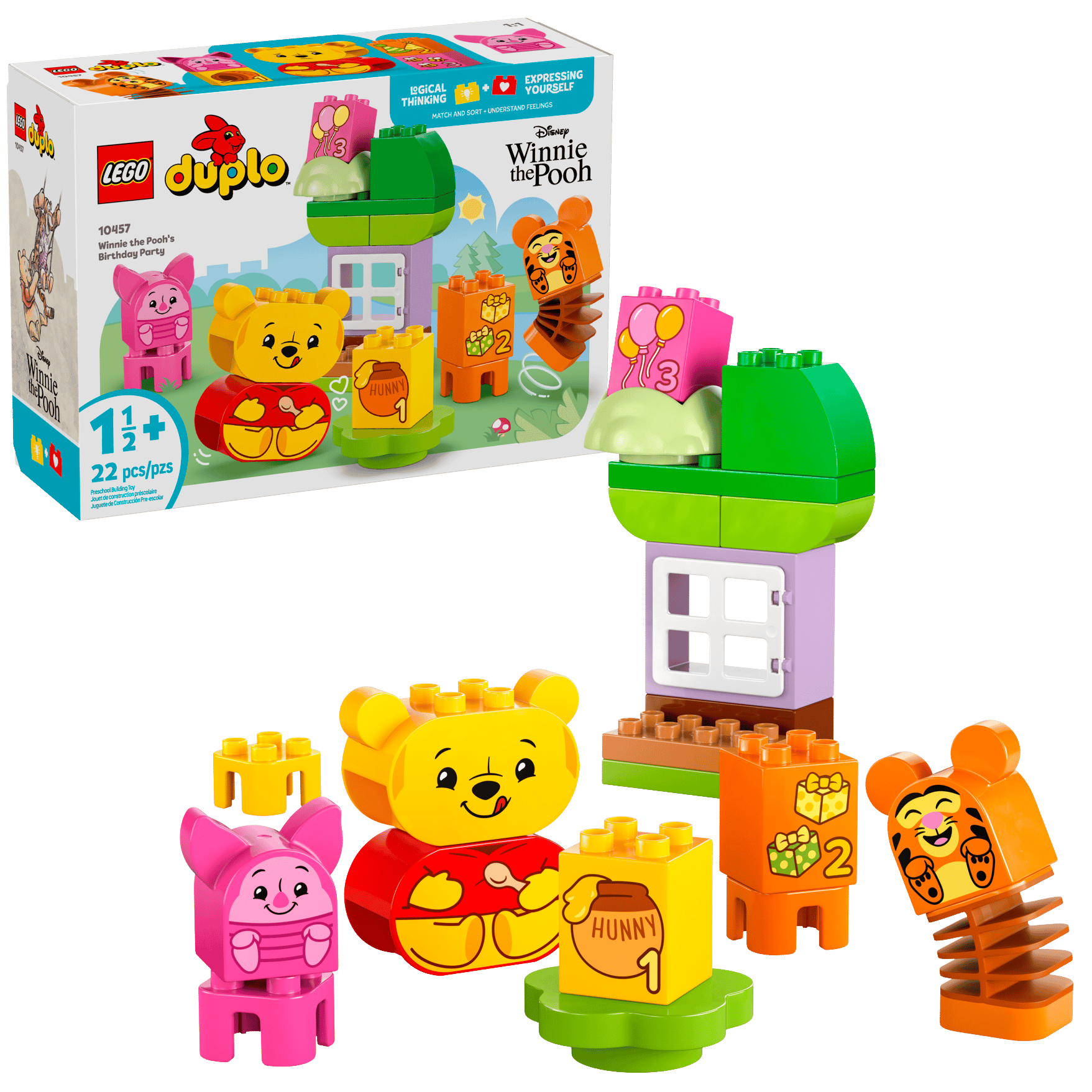 The LEGO® DUPLO® Disney™ Winnie the Pooh's Birthday Party set by Legos - Toyhouse includes 22 pieces with Winnie the Pooh and Piglet figures, honey pot blocks, a buildable tree, and window. Box shown in background.
