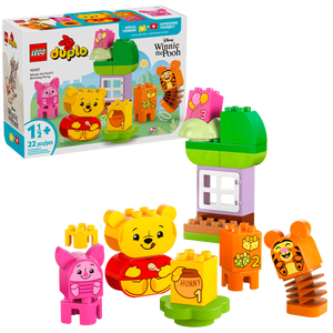 The LEGO® DUPLO® Disney™ Winnie the Pooh's Birthday Party set by Legos - Toyhouse includes 22 pieces with Winnie the Pooh and Piglet figures, honey pot blocks, a buildable tree, and window. Box shown in background.