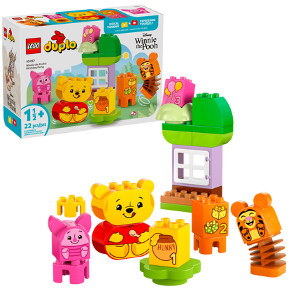 The LEGO® DUPLO® Disney™ Winnie the Pooh's Birthday Party set by Legos - Toyhouse includes 22 pieces with Winnie the Pooh and Piglet figures, honey pot blocks, a buildable tree, and window. Box shown in background.