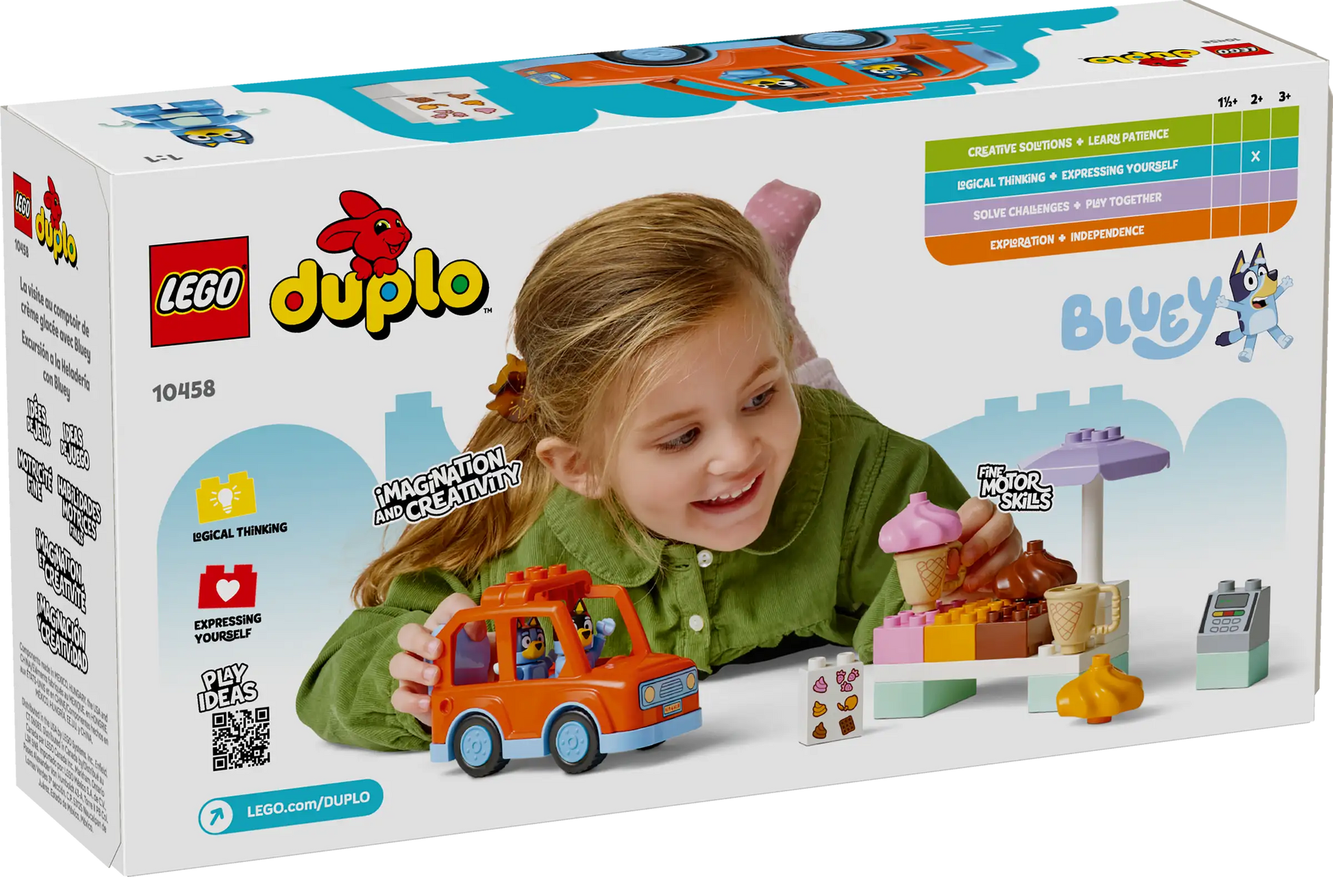 A child enjoys the LEGO® Ice Cream Trip with Bluey by Legos - Toyhouse, featuring a toy car, figures, and food stand. The box highlights imagination and motor skills, making it a perfect toddler toy.