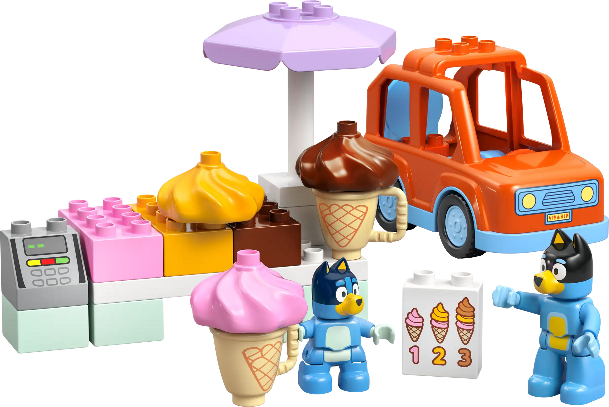 The LEGO® Ice Cream Trip with Bluey set by Legos - Toyhouse features two Bluey figures, an orange car, colorful ice cream cones, a register, and numbered menu board—ideal for play or adding to your LEGO DUPLO Bluey collection.