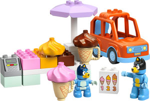 The LEGO® Ice Cream Trip with Bluey set by Legos - Toyhouse features two Bluey figures, an orange car, colorful ice cream cones, a register, and numbered menu board—ideal for play or adding to your LEGO DUPLO Bluey collection.