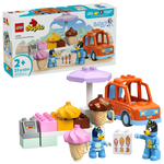 The LEGO® Ice Cream Trip with Bluey by Legos - Toyhouse includes an orange car, treat stand, two Bluey figures, and accessory blocks—ideal for toddlers, with playful packaging pictured in the background.