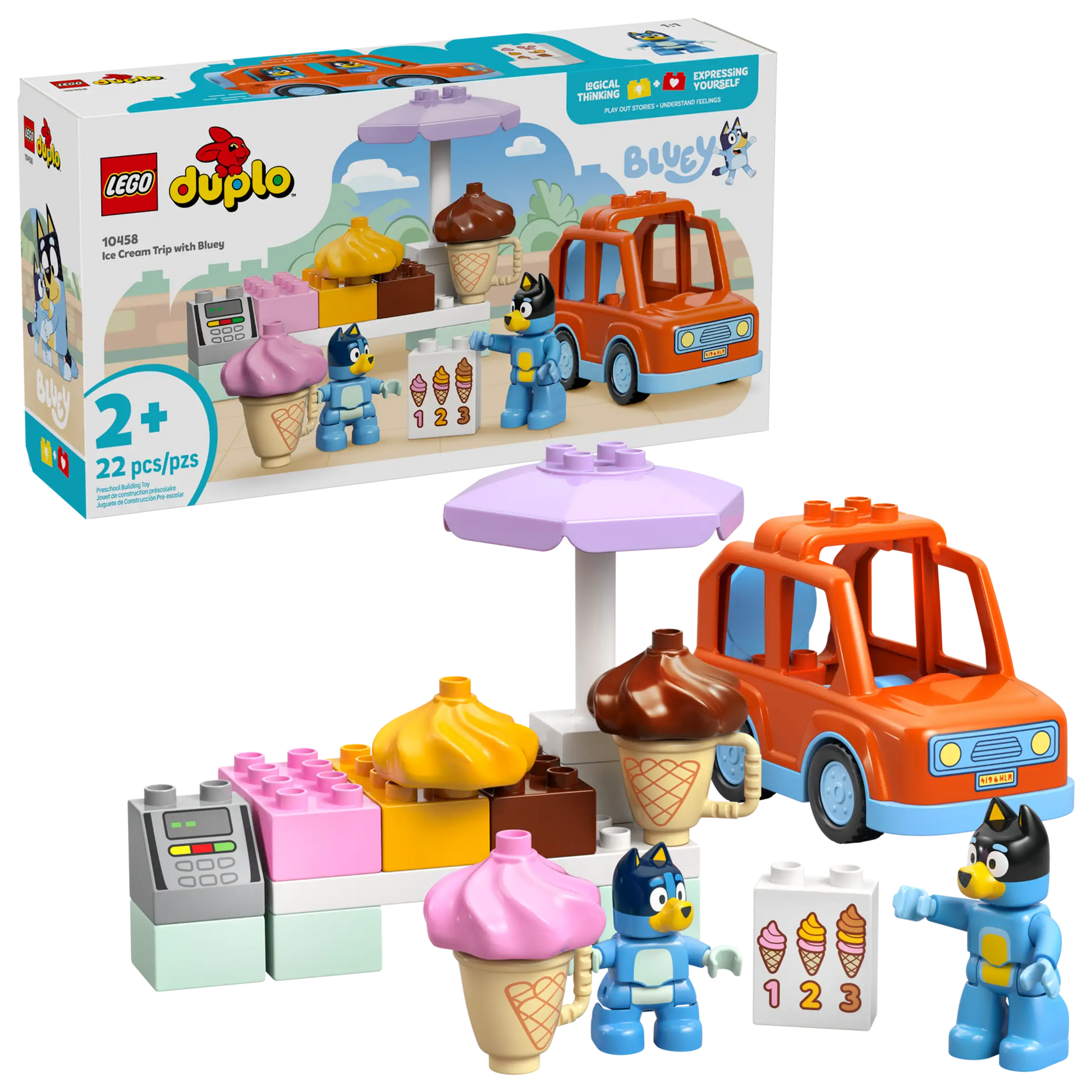 The LEGO® Ice Cream Trip with Bluey by Legos - Toyhouse includes an orange car, treat stand, two Bluey figures, and accessory blocks—ideal for toddlers, with playful packaging pictured in the background.