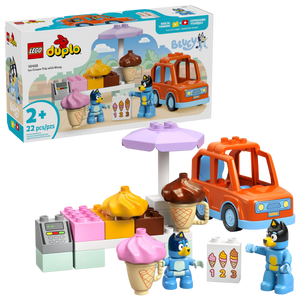The LEGO® Ice Cream Trip with Bluey by Legos - Toyhouse includes an orange car, treat stand, two Bluey figures, and accessory blocks—ideal for toddlers, with playful packaging pictured in the background.