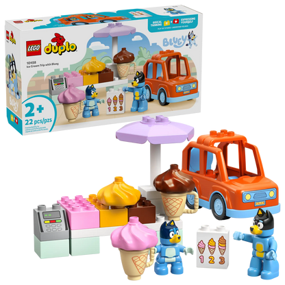 The LEGO® Ice Cream Trip with Bluey by Legos - Toyhouse includes an orange car, treat stand, two Bluey figures, and accessory blocks—ideal for toddlers, with playful packaging pictured in the background.