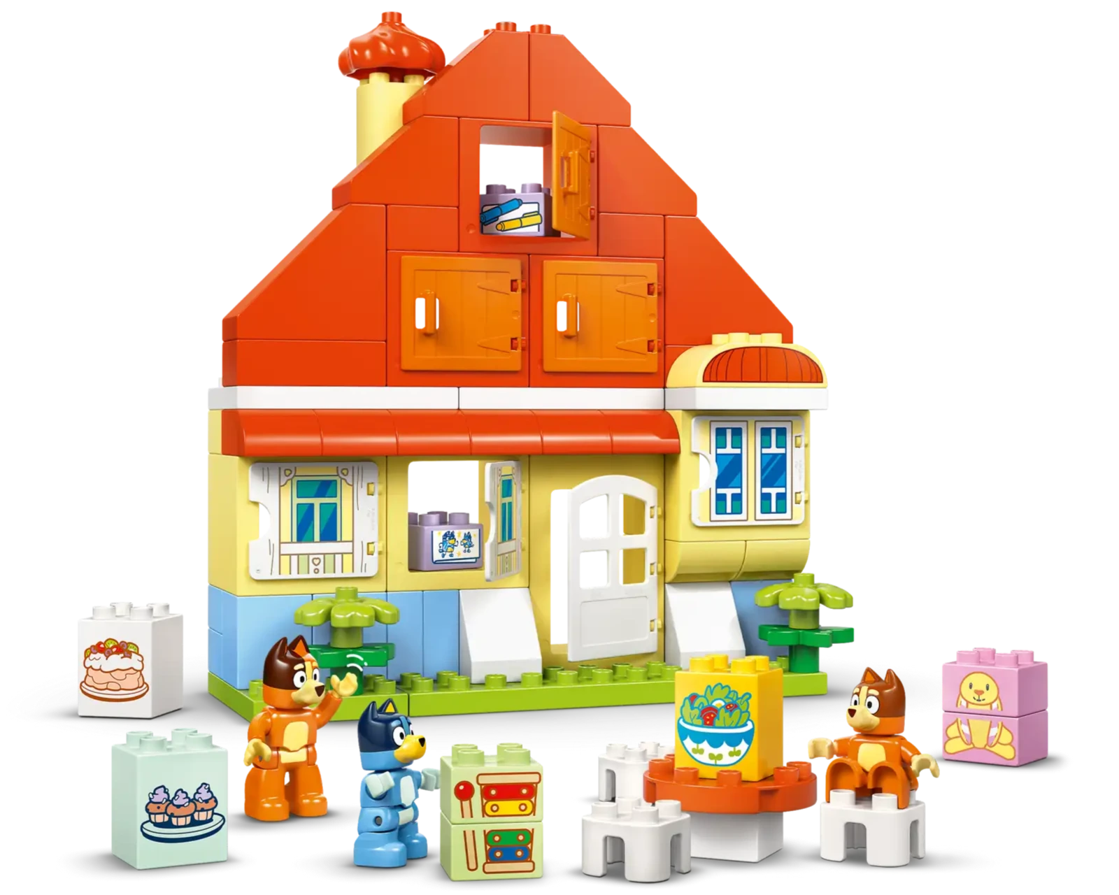 LEGO® DUPLO® Bluey's Family House with Memory Game by Legos - Toyhouse features large interlocking blocks, animal figures, and decorated pieces like furniture, cake, and gifts—ideal for imaginative play.