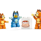 Three figurines and three blocks from the LEGO® DUPLO® Bluey's Family House with Memory Game by Legos - Toyhouse are arranged on a white background, ideal for memory games or interactive Bluey Family House play.