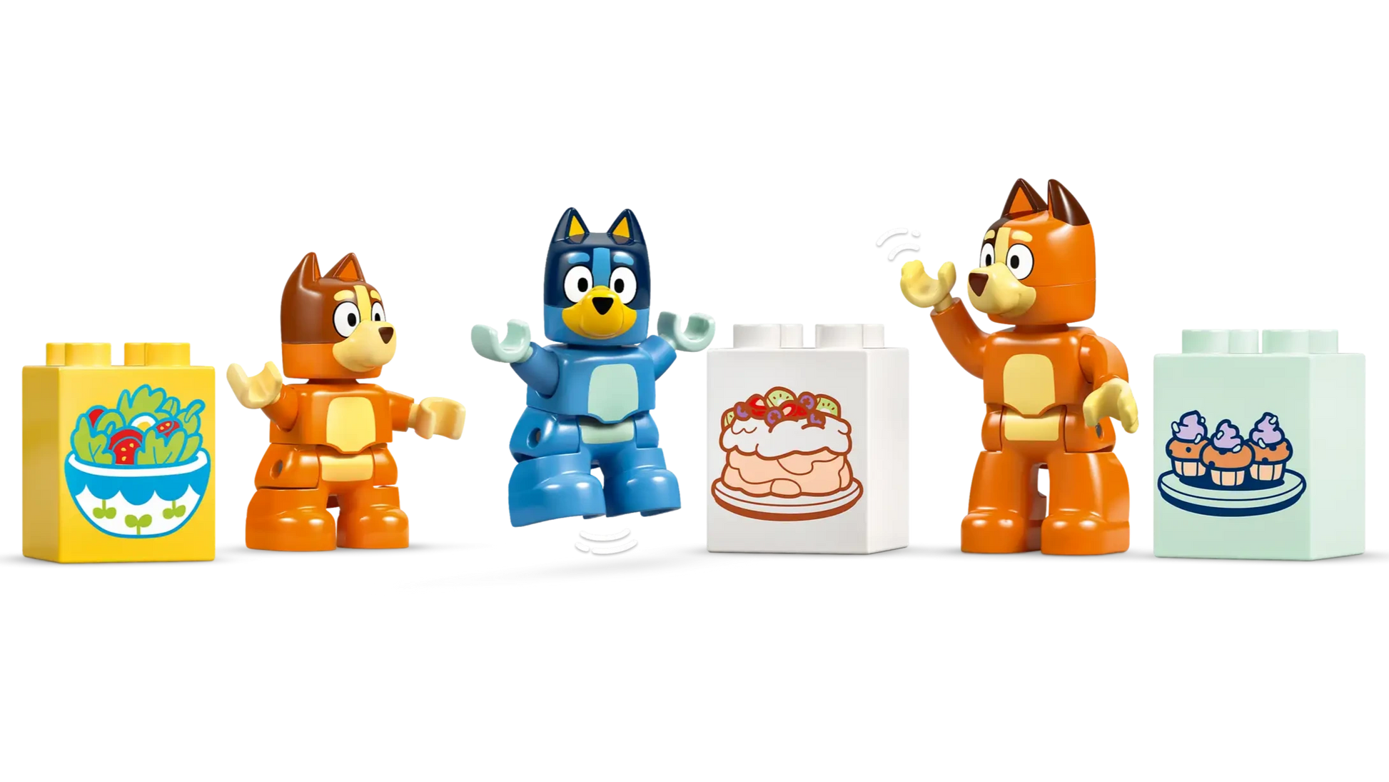 Three figurines and three blocks from the LEGO® DUPLO® Bluey's Family House with Memory Game by Legos - Toyhouse are arranged on a white background, ideal for memory games or interactive Bluey Family House play.