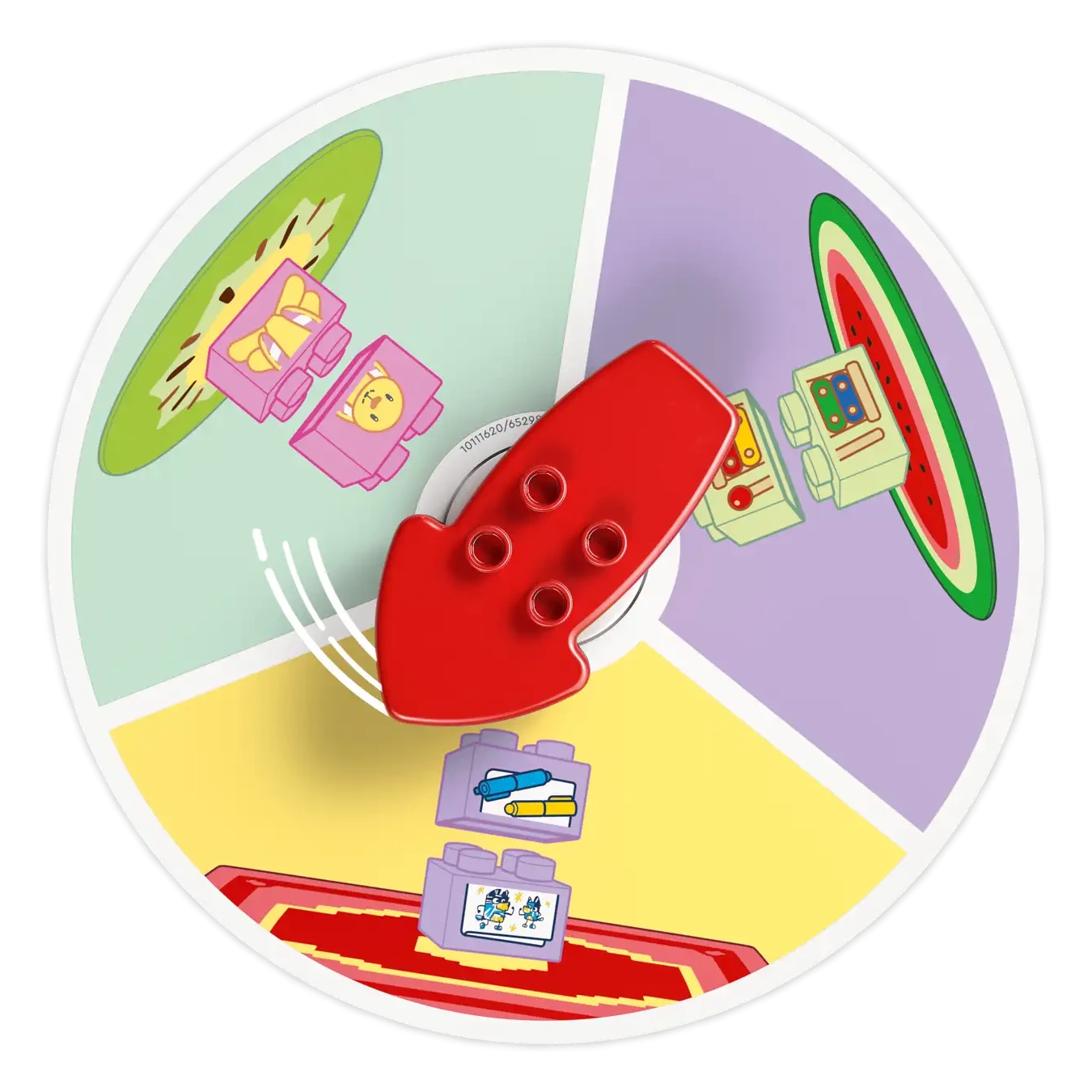 The LEGO® DUPLO® Bluey’s Family House with Memory Game by Legos - Toyhouse features a colorful spinner with a cat and fish, watermelon and robot, and red rectangle with suitcase—ideal for interactive play. A red arrow points to the watermelon section.