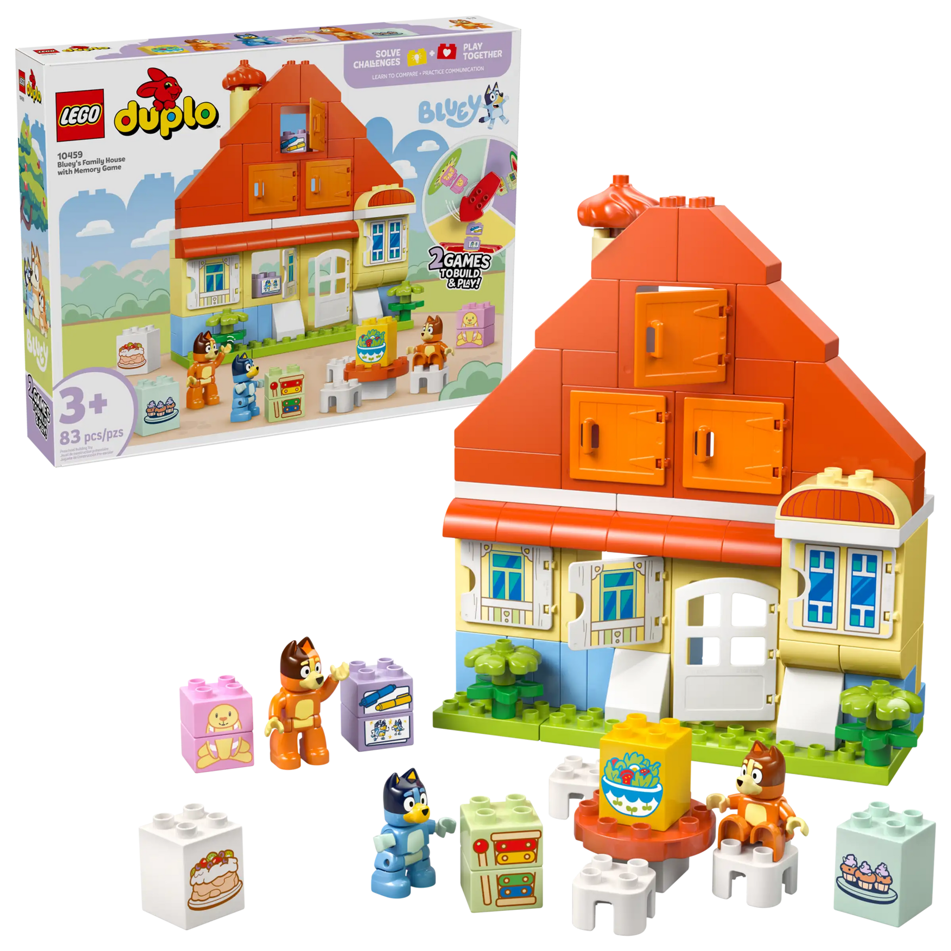 The Legos - Toyhouse LEGO® DUPLO® Bluey's Family House with Memory Game set features figures, blocks, and accessories—an interactive toy for imaginative play. Box and assembled house shown on a white background.