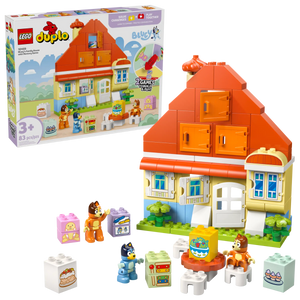 The Legos - Toyhouse LEGO® DUPLO® Bluey's Family House with Memory Game set features figures, blocks, and accessories—an interactive toy for imaginative play. Box and assembled house shown on a white background.