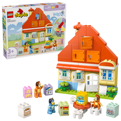 The Legos - Toyhouse LEGO® DUPLO® Bluey's Family House with Memory Game set features figures, blocks, and accessories—an interactive toy for imaginative play. Box and assembled house shown on a white background.