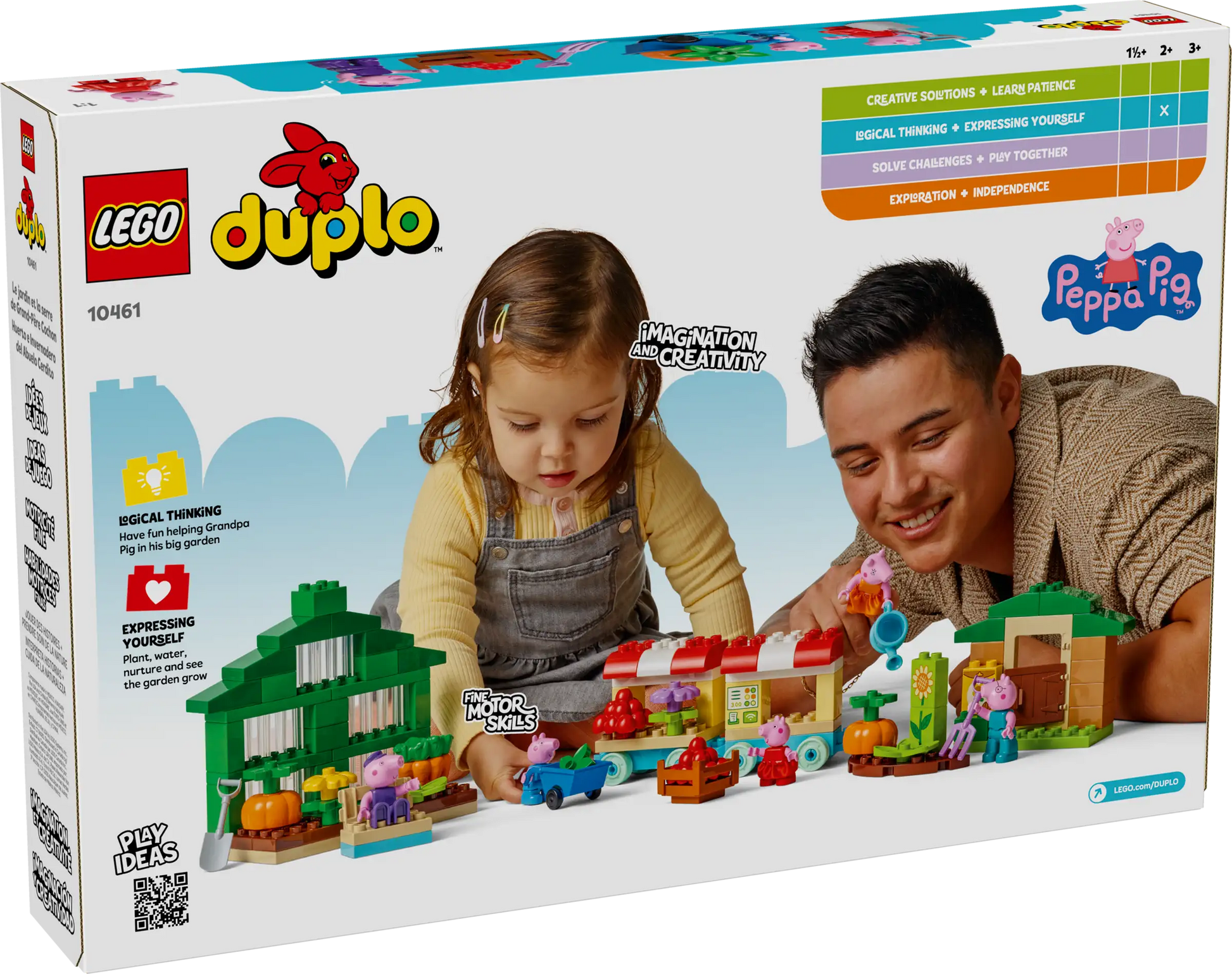 A child and an adult enjoy LEGO® DUPLO® Grandpa Pig's Garden and Greenhouse by Legos - Toyhouse, a preschool learning toy with interactive pieces, developmental benefits, and playful fun for toddlers.