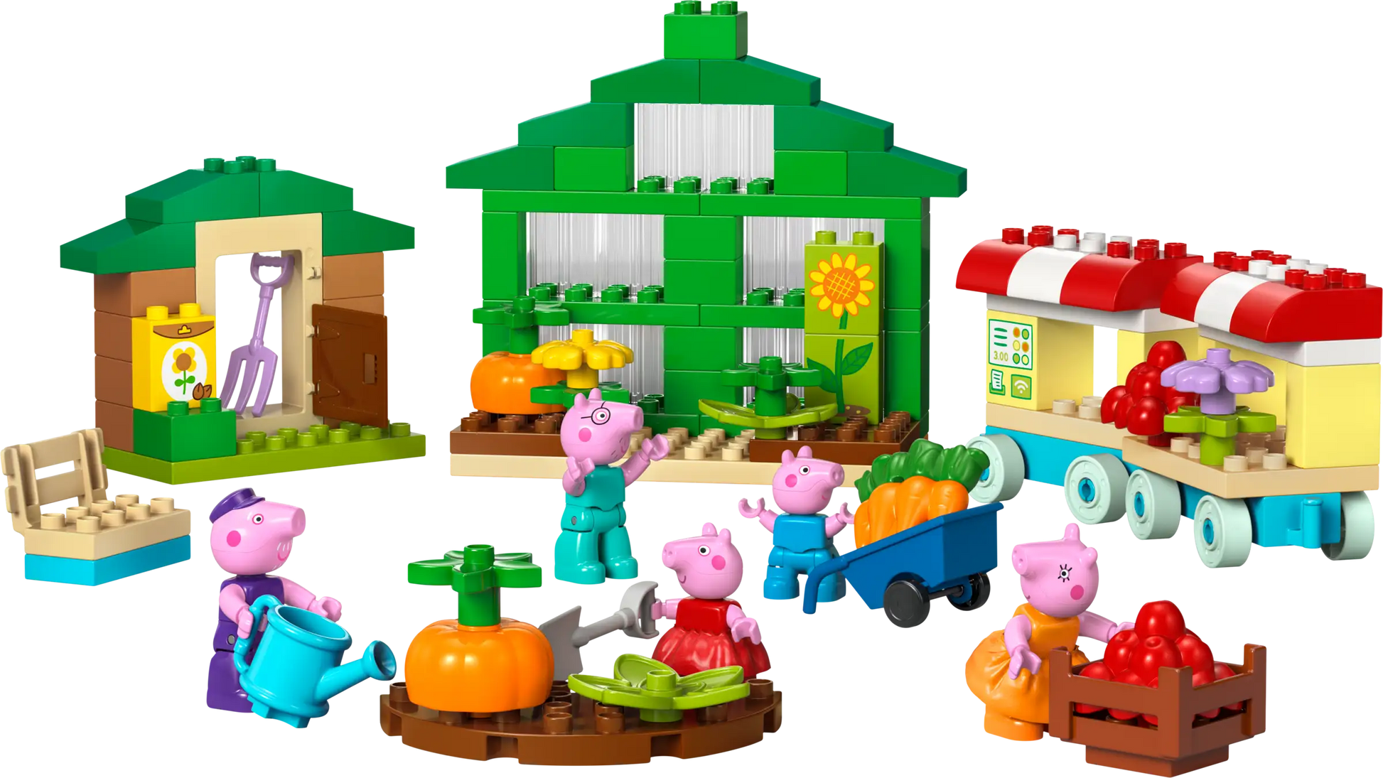 LEGO® DUPLO® Grandpa Pig's Garden and Greenhouse by Legos - Toyhouse features Peppa Pig characters, a greenhouse, market stall, shed, plants, veggies, and tools—a fun preschool nature learning toy for toddlers.