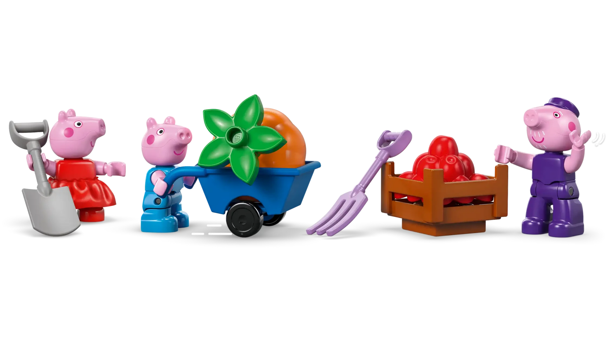 The LEGO® DUPLO® Grandpa Pig's Garden and Greenhouse by Legos - Toyhouse features three pig figurines with gardening tools, a plant, a shovel, and a crate of red vegetables—perfect for charming toddler play.