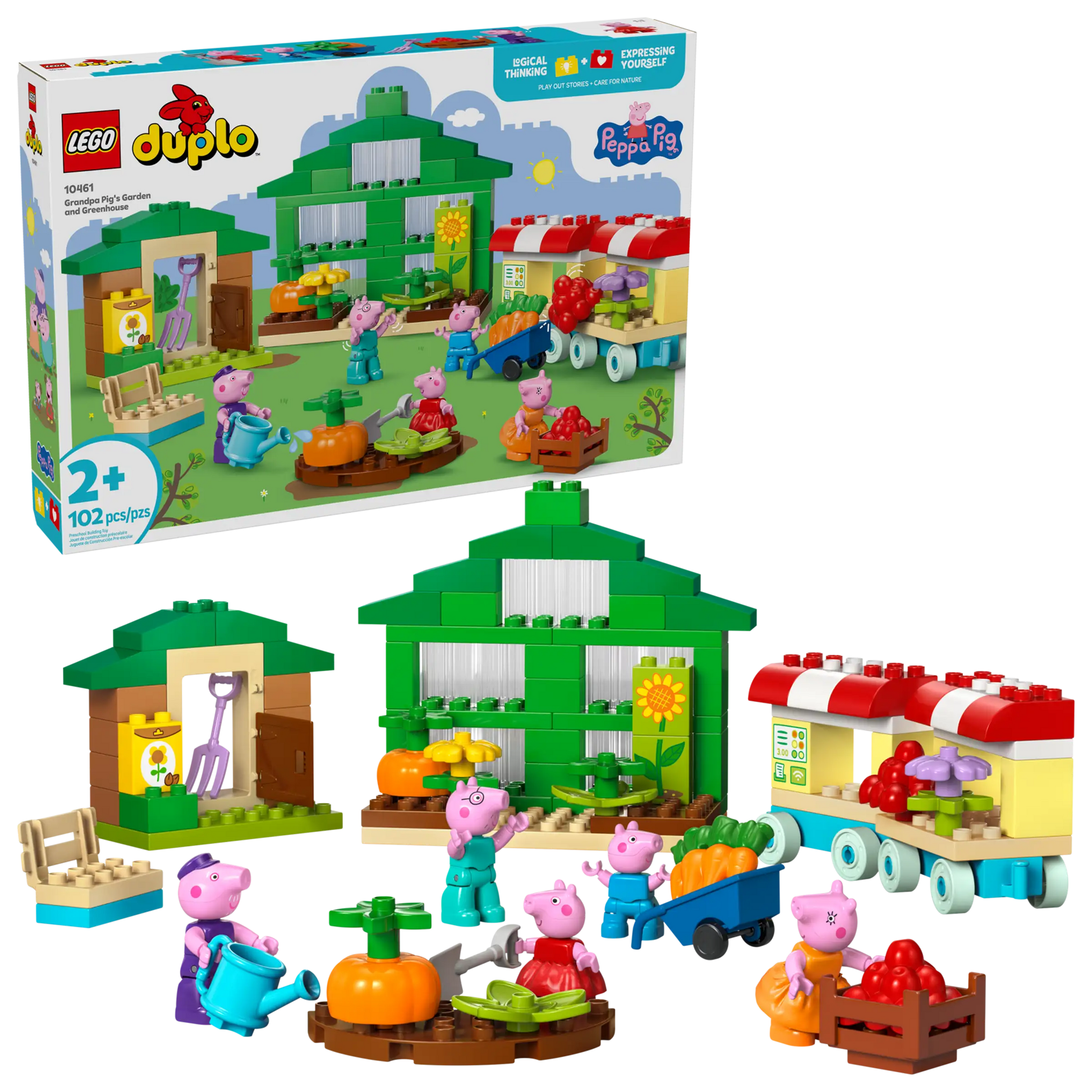 LEGO® DUPLO® Grandpa Pig's Garden and Greenhouse by Legos - Toyhouse includes figures, a green house, a red and white trailer, accessories, and the product box—a fun preschool toy for young Peppa Pig fans.