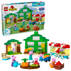 LEGO® DUPLO® Grandpa Pig's Garden and Greenhouse by Legos - Toyhouse includes figures, a green house, a red and white trailer, accessories, and the product box—a fun preschool toy for young Peppa Pig fans.