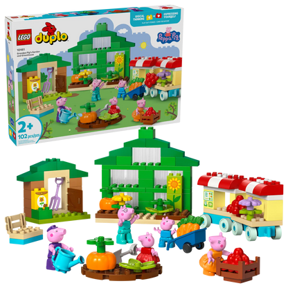 LEGO® DUPLO® Grandpa Pig's Garden and Greenhouse by Legos - Toyhouse includes figures, a green house, a red and white trailer, accessories, and the product box—a fun preschool toy for young Peppa Pig fans.